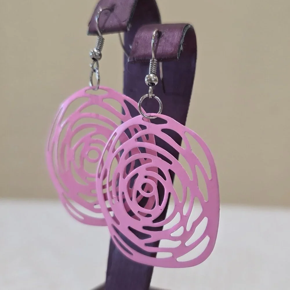 Beautiful Spring Flowers Light Pink Open Work Metal Rose Flower Dangle Earrings